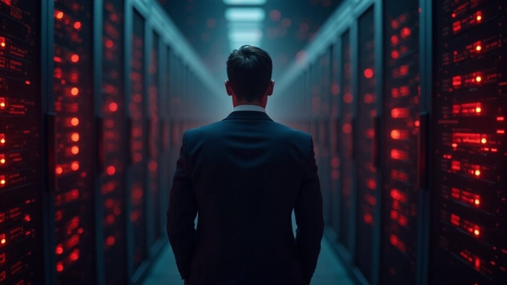 CME Group Detiene Trading de Futuros Bitcoin y Ethereum por Problemas en Data Centers Operador con traje ante un centro de datos zumbante con alarmas rojas y espejismo de calor, superpuesto por tenues gráficos de blockchain.