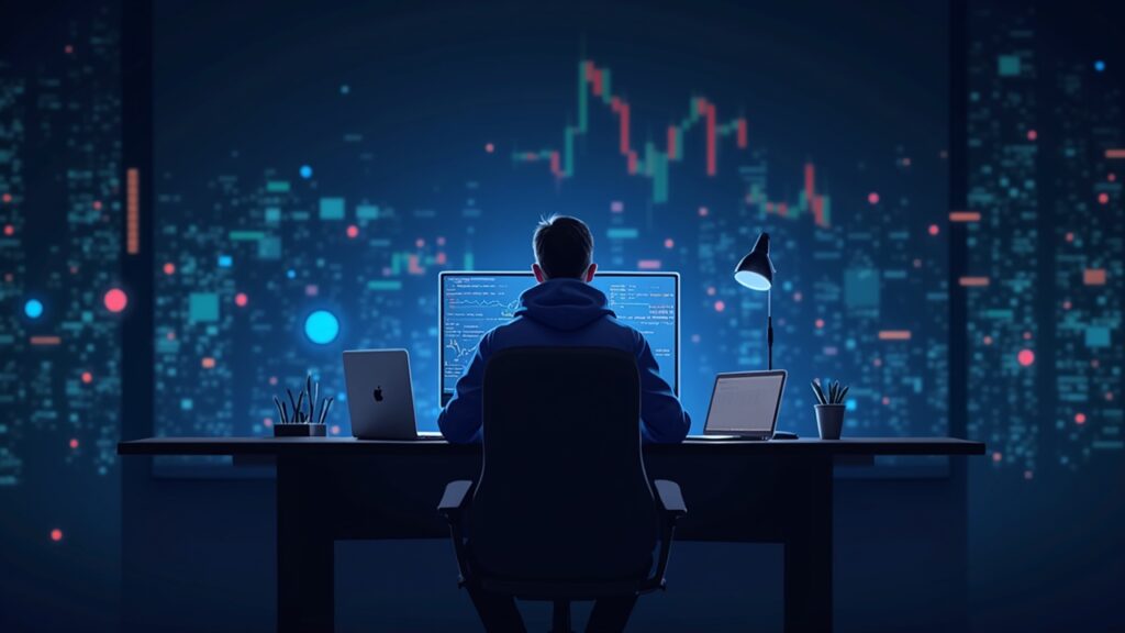 Trader realista en una mesa moderna, red de Arc brillando al fondo, símbolos FX fluyendo en cadena; logo discreto de StableFX