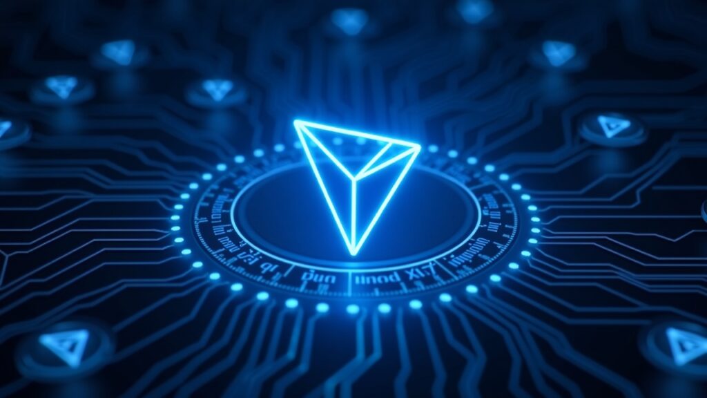 ¿Cómo el batching podría transformar a TRON? Núcleo futurista de la mainnet de TRON con un TRX brillante en el centro, corrientes de iconos de transacción convergiendo en un único lote.