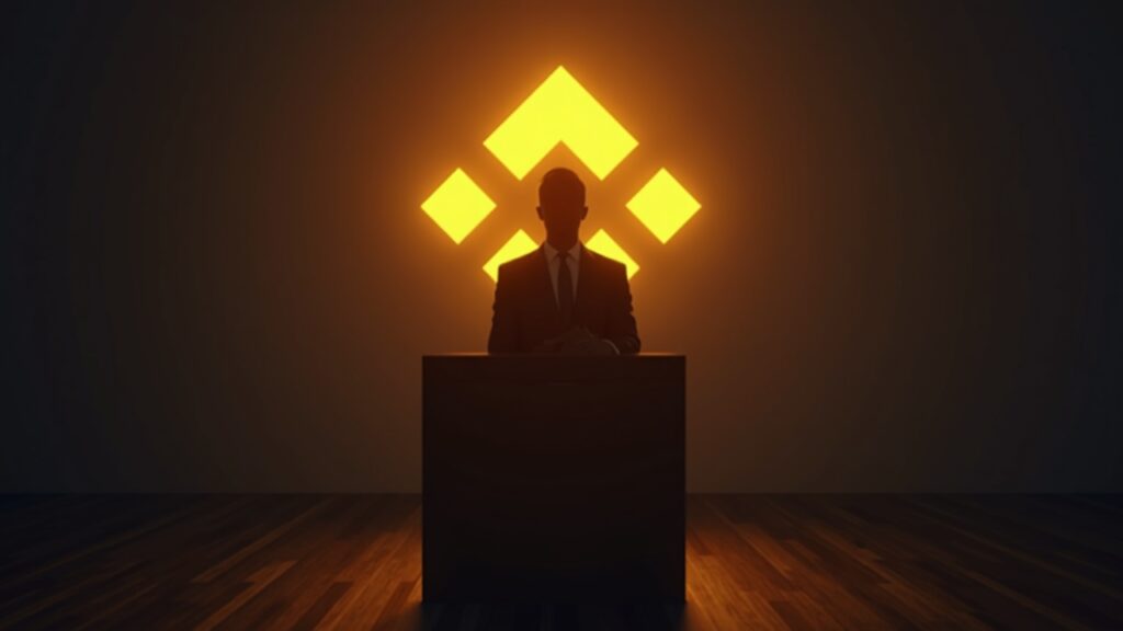 Político en podio con logo de Binance iluminado y documentos AML/KYC, ambiente de sala de prensa regulatoria.