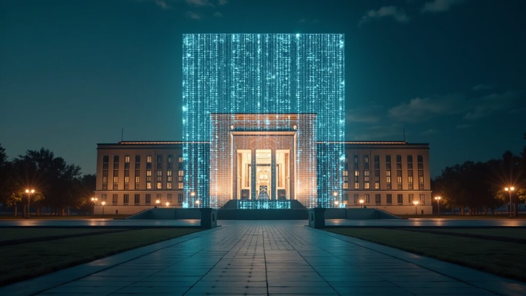 Edificio gubernamental de Turkmenistan con un holograma de libro mayor resplandeciente y equipos de minería, mostrando criptomonedas controladas por el Estado en 2026.