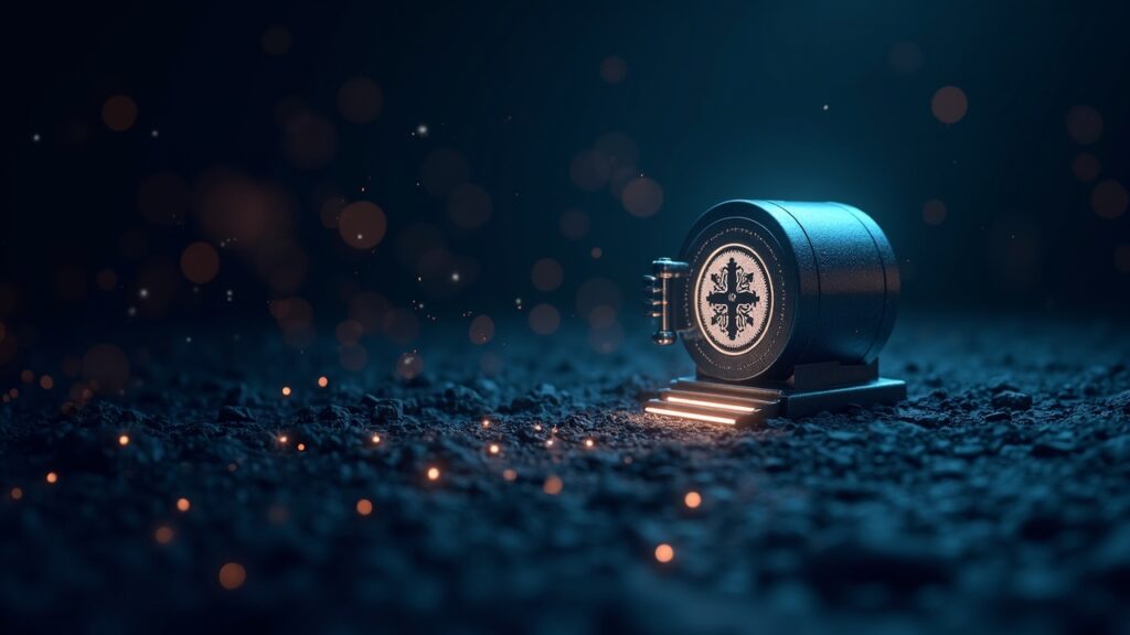 Escena fotorrealista: logo UBS, bóveda de tokens y puente DTA de Chainlink entre finanzas y on-chain.