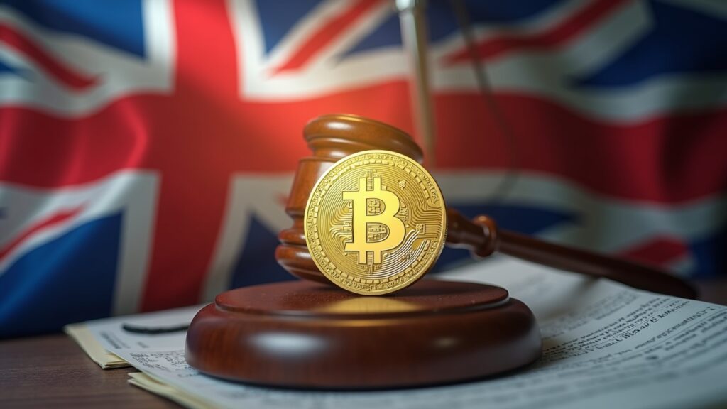 El BoE promete reglas de stablecoin en el Reino Unido tan rápido como en EE. UU. Token estable digital sobre la bandera del Reino Unido, con documentos y un mazo.