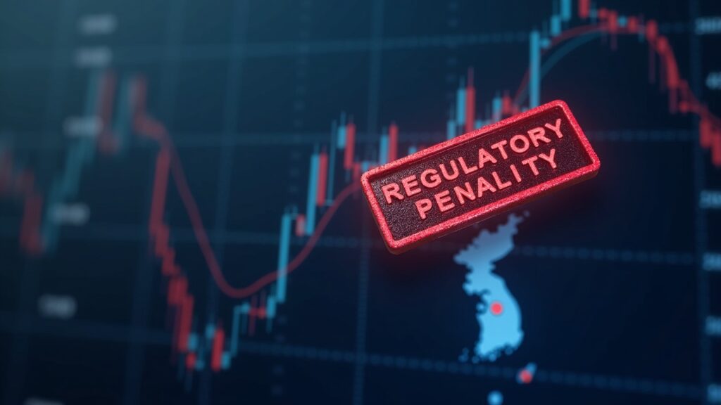 Tablero de trading de criptomonedas con sello rojo de multa regulatoria, silueta de mazo y mapa sutil de Corea.