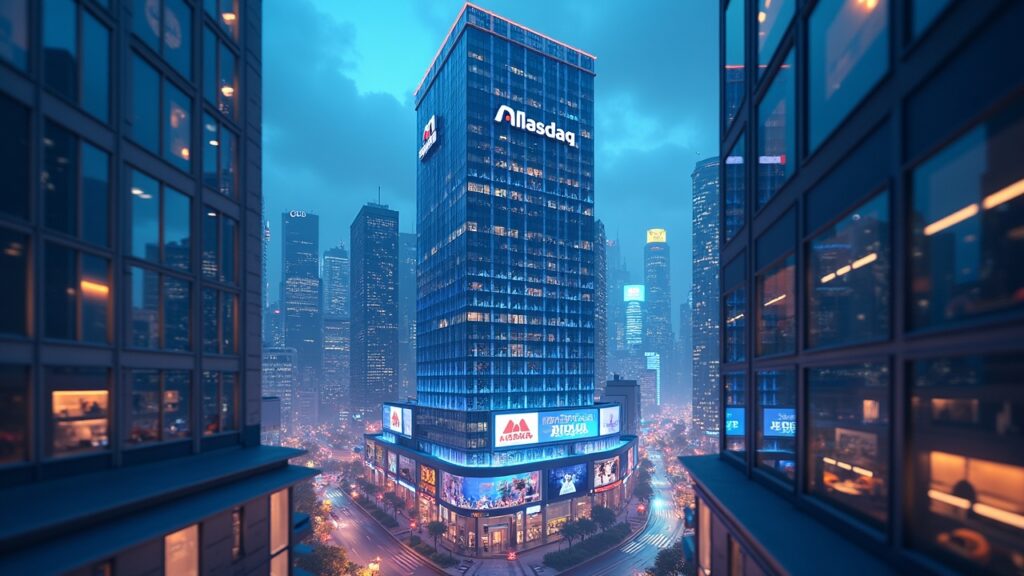 Escena fotorealista de un hub cripto coreano fusionándose con una torre Nasdaq, flechas de intercambio y brillo de won estable.