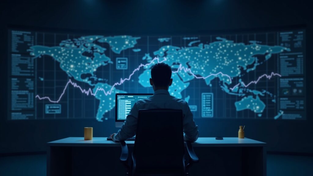 Analista frente a escritorio, gráficos holográficos muestran USDT en resistencia junto a BTC y altcoins.