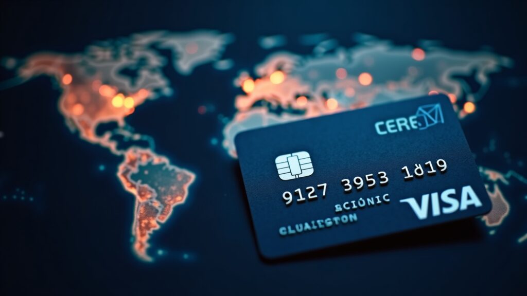 Tarjeta Visa en primer plano, mapa global iluminado y monedas USDC sobre una red blockchain, visual de liquidaciones en CEMEA.