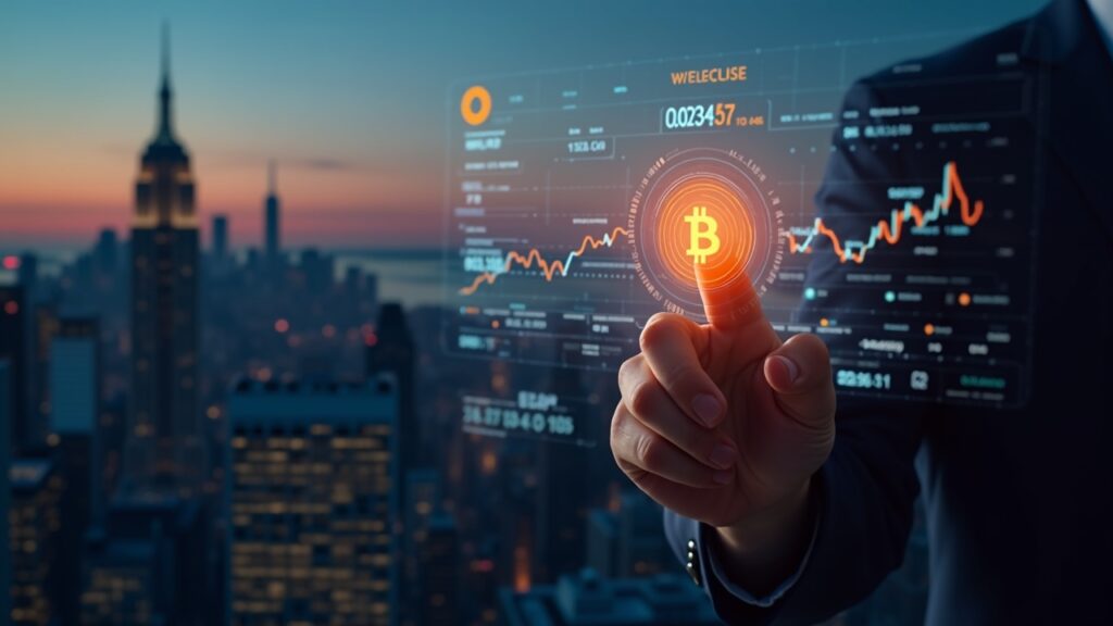 Nueva ballena de Bitcoin: Matador asegura $100M para acumular el 1% del supply Horizonte de Wall Street al atardecer; mano de trader señala una pantalla con BTC y un marcador del 1% de suministro, gráficos de liquidez en alza