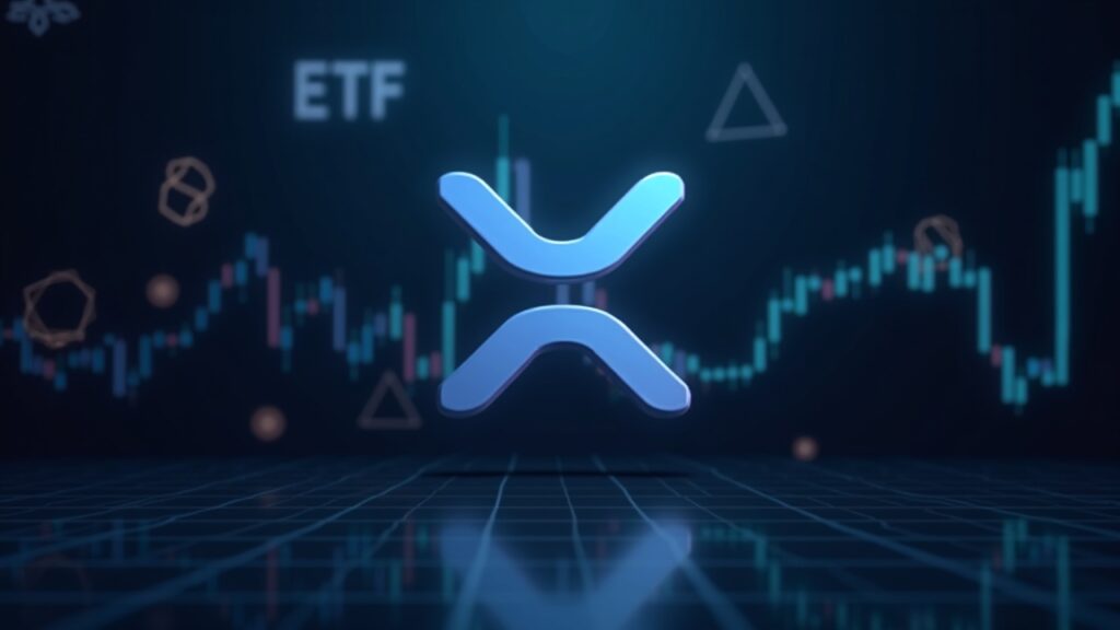 XRP cae por debajo de $2 pese a aprobaciones y lanzamientos de ETFs Logo de XRP centrado, gráfico descendente y logotipos de ETFs flotando, con motivos de blockchain.