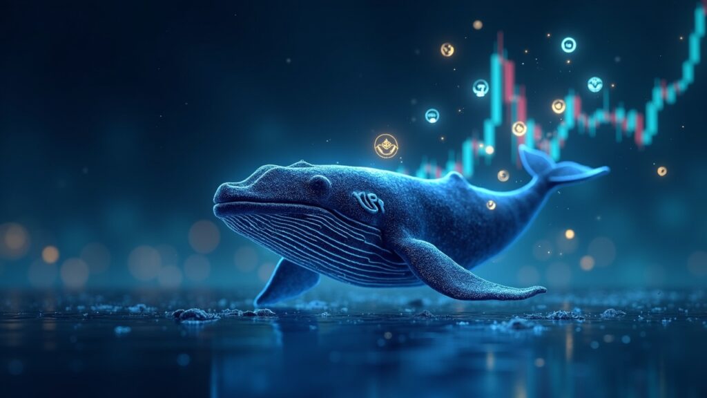 Silueta de ballena XRP en un mar digital, monedas fluyendo hacia logos de Binance y Coinbase sobre un gráfico de precios.