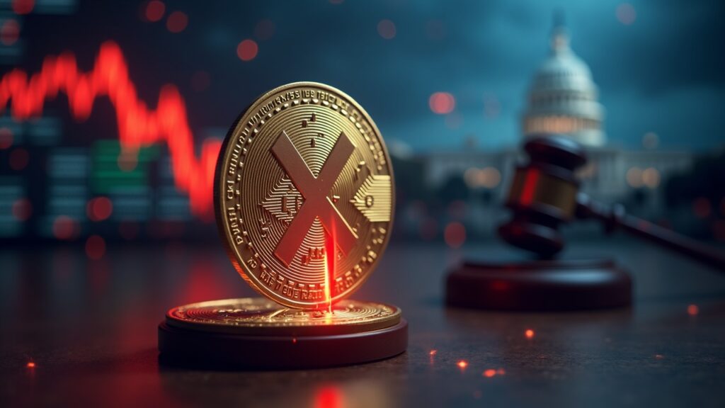 XRP pierde 16 millones mientras fondos cripto sufren salida récord de 2.000 millones Moneda XRP en primer plano con flecha roja, tickers borrosos y Capitolio para expresar caos político y salidas de cripto.