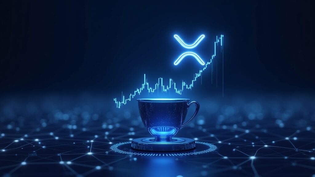 Patrón cup-and-handle de XRP proyecta una mega ruptura hacia $5 para finales de 2025 Logo de XRP asciende sobre un gráfico cup-and-handle con Fibonacci, fondo de red global neón, señalando posible mega breakout.