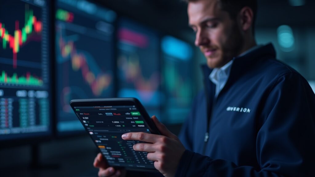 Trader fotorealista en un exchange moderno mirando una tableta con XRP y DOGE, con gráficos regulatorios y líneas de blockchain de fondo