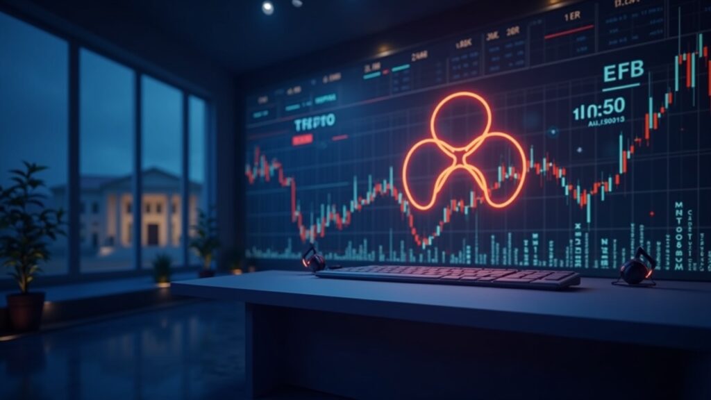 Redacción fotorrealista con un logo XRP brillante, indicadores de ETF en alza y un fondo con un edificio de tribunales que simboliza la claridad regulatoria para los ETFs de XRP.