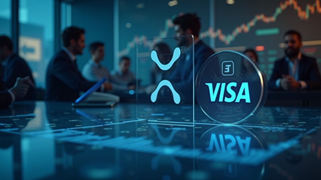 Escena fintech realista: ticker XRP, logo Visa y símbolo USDC sobre una mesa de vidrio; inversores institucionales observan