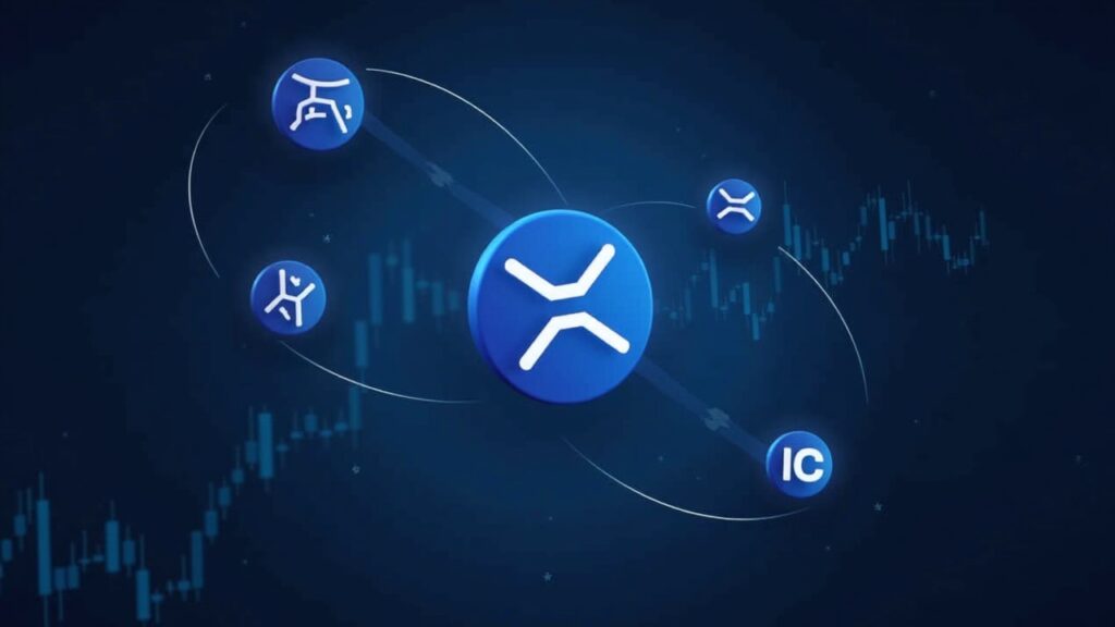 Escena financiera realista: logo de XRP en el centro, ETFs orbitando, gráfico de precios en caída, trasfondo de sala de noticias.