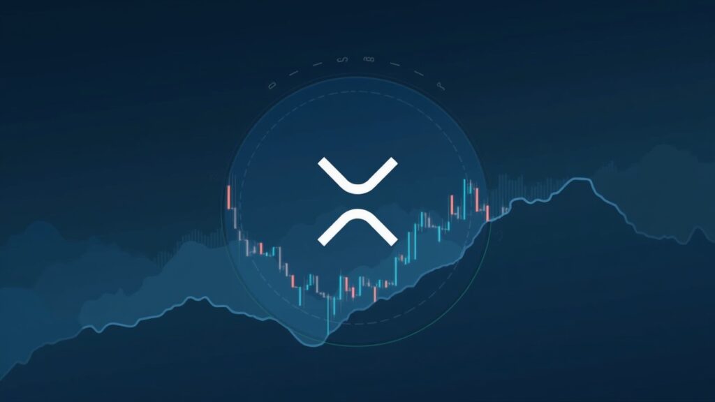 Logotipo de XRP sobre un gráfico de precios que se acerca a la resistencia de 3, con flujo OTC institucional y nube Ichimoku translúcida.