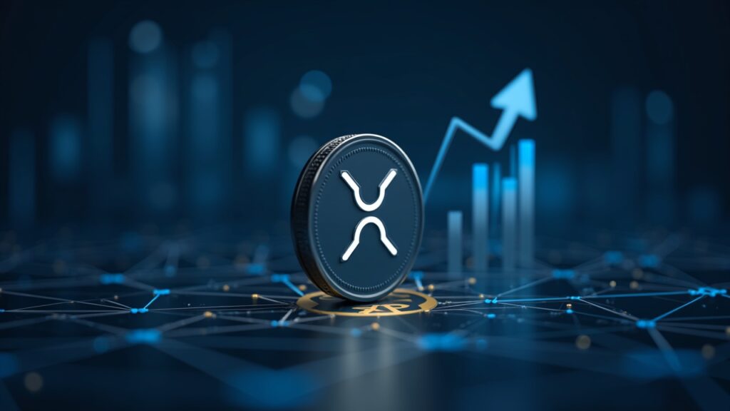 XRP en el centro con gráfico ascendente; logo del DTCC desenfocado y trazos de red digital.