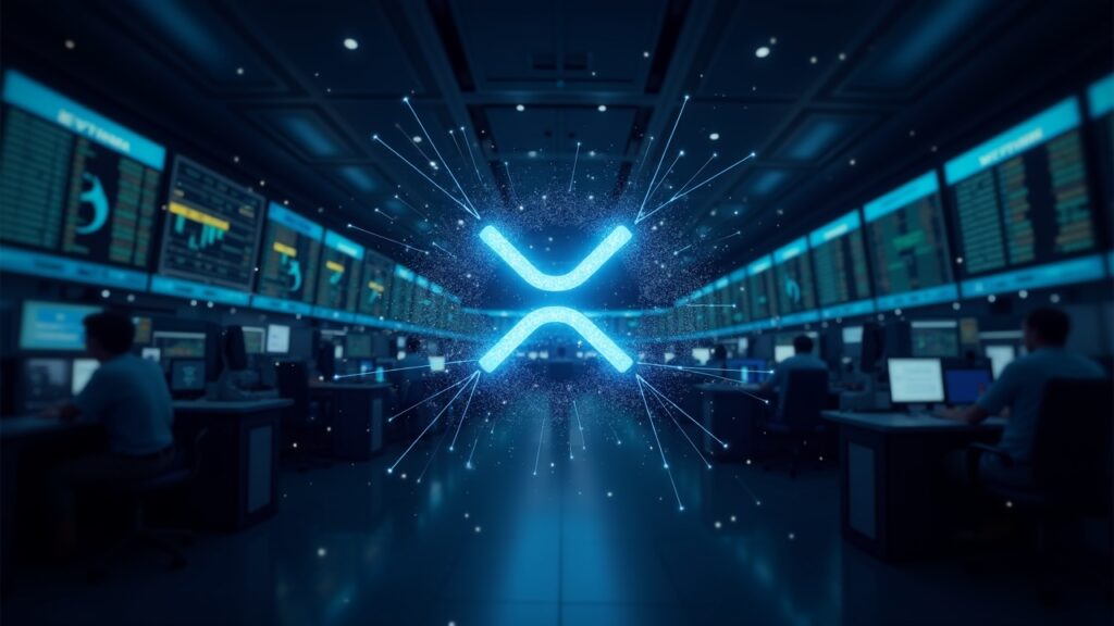 Primer ETF de XRP al contado $XRPC de Canary Capital debuta hoy en Nasdaq Escena fotorrealista de una sala de trading Nasdaq con el logo XRP brillando sobre una red digital.
