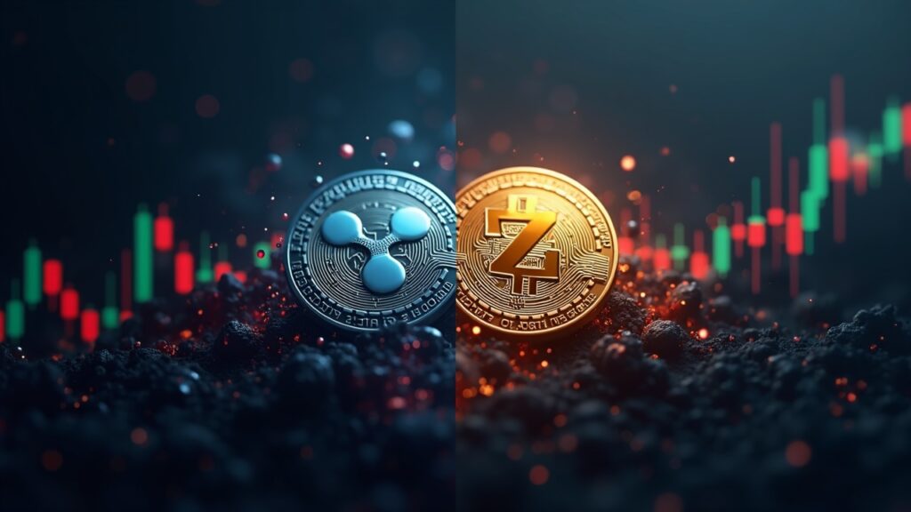 Altcoins bajo presión: XRP y Zcash muestran trayectorias opuestas en el mercado Monedas XRP y Zcash frente a un gráfico de mercado, con señales de halving y símbolos regulatorios.