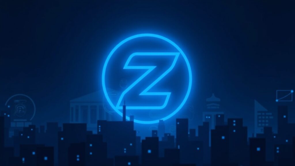 Puede ZEC alcanzar $1.000 de la mano de Grayscale? Logotipo de Zcash bañado en un resplandor azul sobre un paisaje urbano con tenues iconos de ETF y regulatorios.