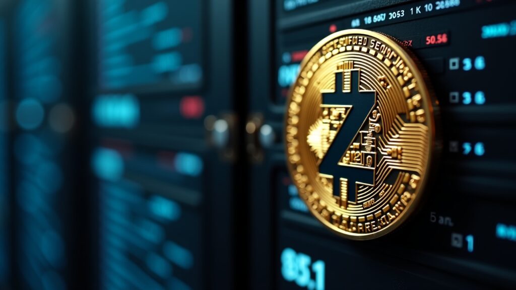Zcash (ZEC) con objetivo de $594 ante riesgo de retroceso Moneda Zcash en primer plano con gráfico ascendente a 594, fondo de centro de datos; enfatiza privacidad y liquidez.