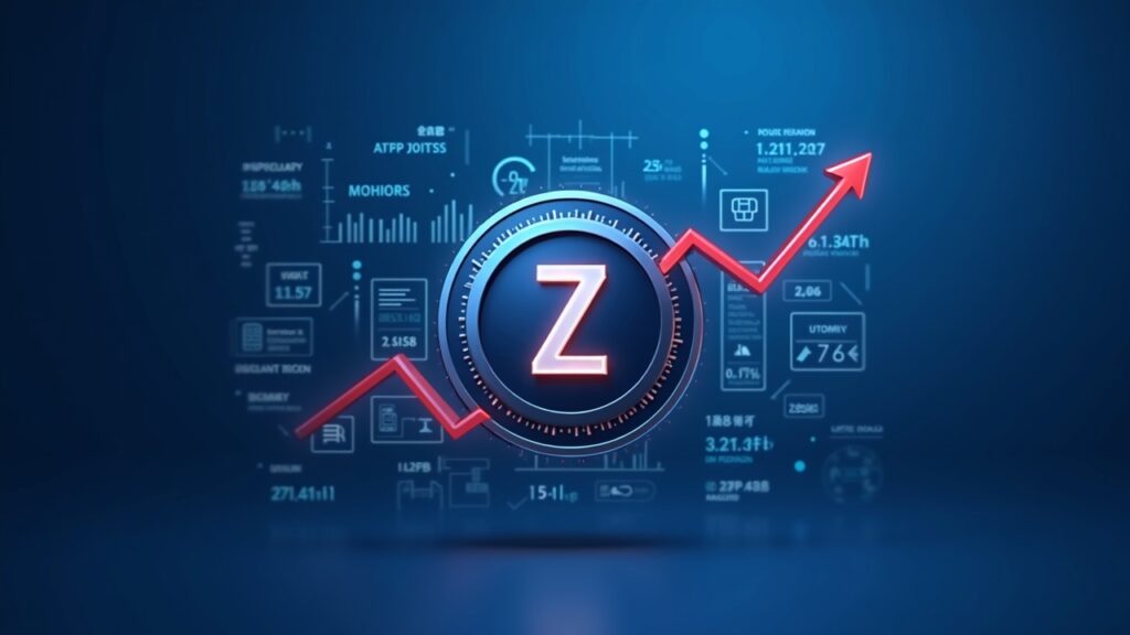 Zcash coin with a red down arrow, halving countdown glyph, and data charts on a blue newsroom background.