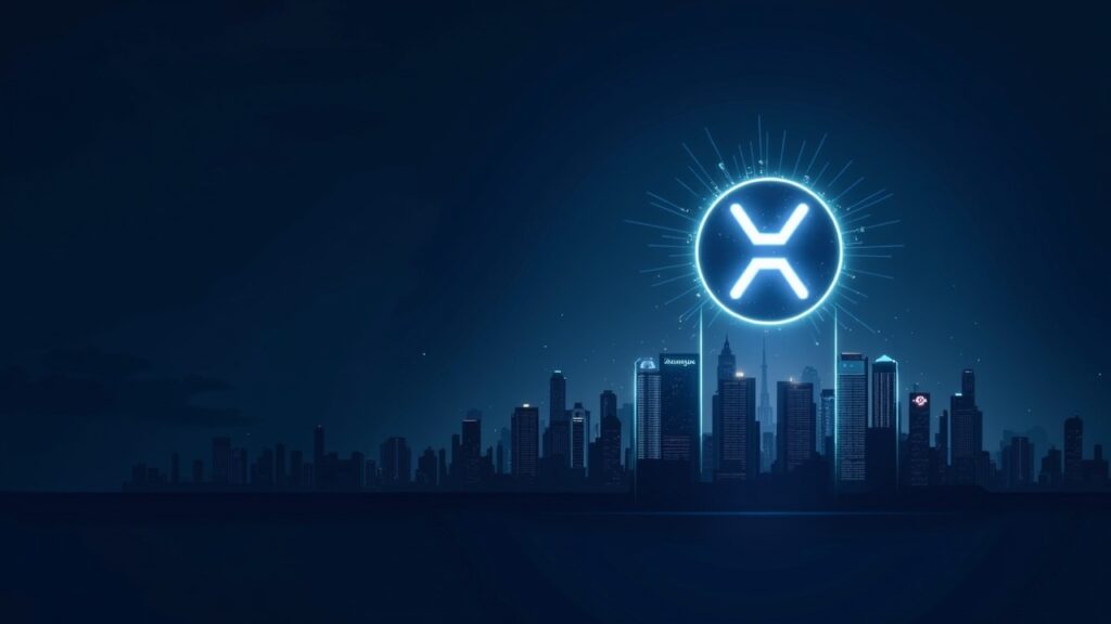 Zcash brillando sobre un skyline urbano futurista, XRP tras una barrera regulatoria; destellos zk-SNARK.