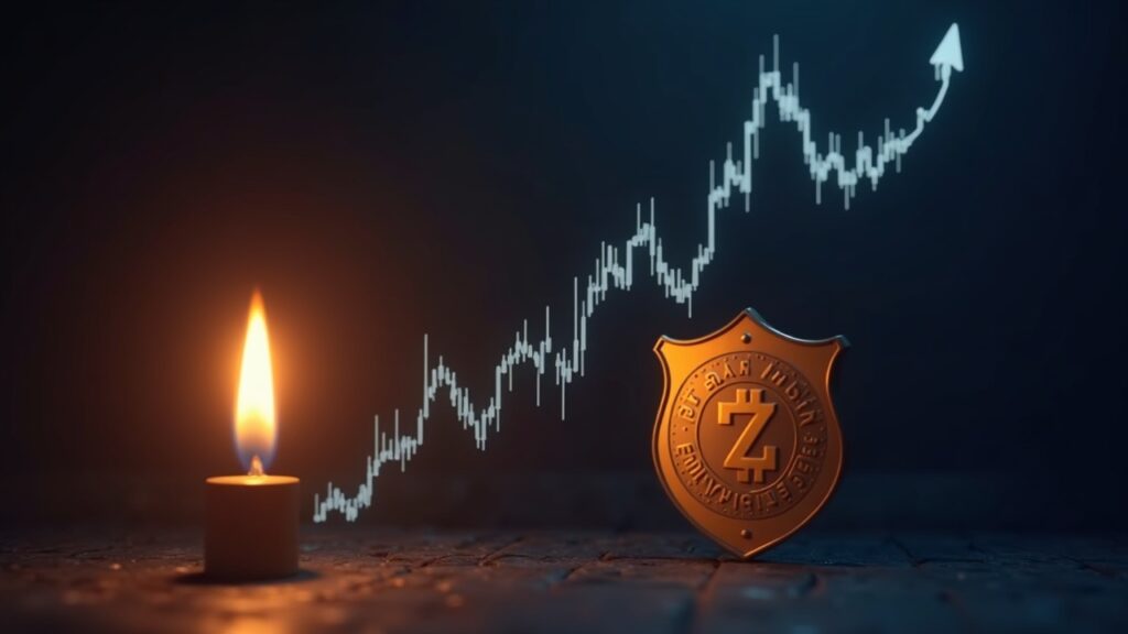 Escena fotorrealista con una mecha encendida junto a un gráfico ascendente de Zcash y un escudo de privacidad.
