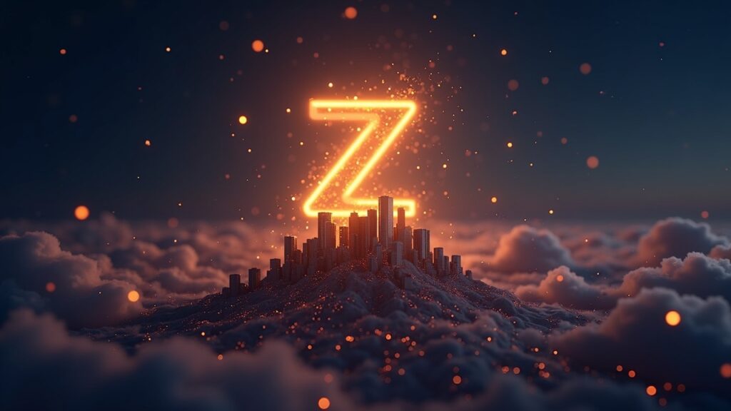 Logotipo de Zcash iluminado sobre un horizonte de Bitcoin en caída, destellos zk-SNARK y cuenta regresiva de halving