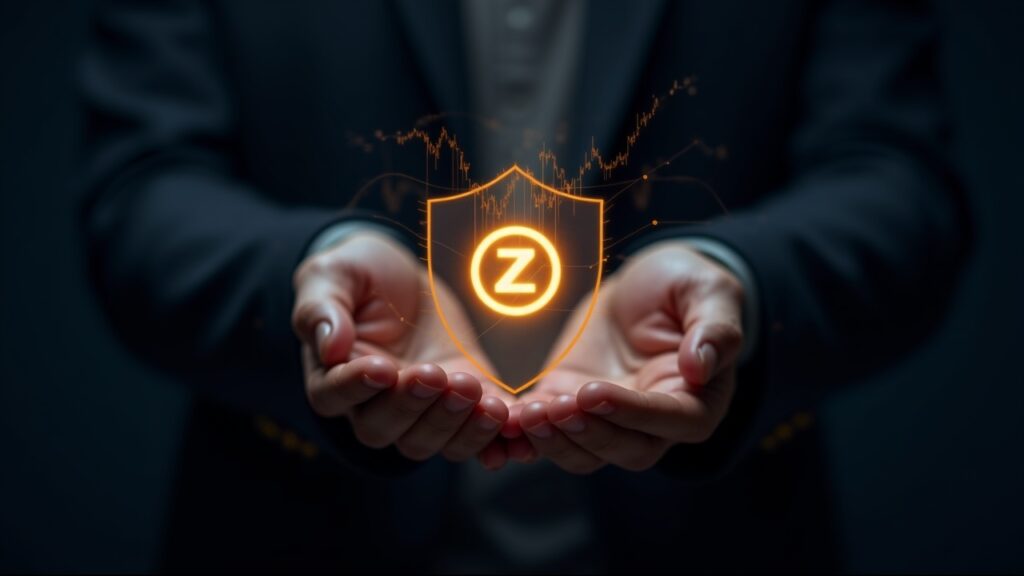 Persona sosteniendo un logotipo luminoso de Zcash DAT, con escudo de privacidad holográfico y gráficos en ascenso.