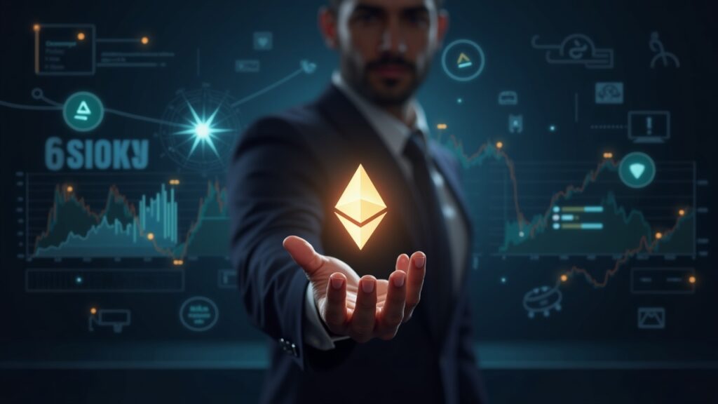 Escena fotorrealista de un gestor de cartera cripto con un orbe de ETH brillante, glifos de Fusaka, un gráfico ascendente e iconos de la Fed en una sala de redacción.