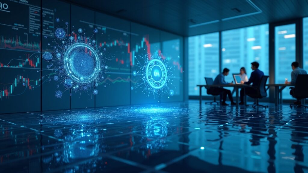 Encabezado de pantalla dividida: a la izquierda hologramas de gobernanza DAO, a la derecha un equipo de desarrollo en una oficina elegante, con un gráfico y la silueta de una ballena.