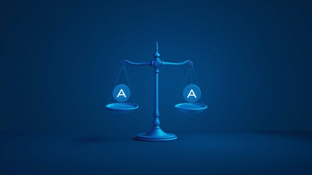 El conflicto de gobernanza de Aave se amplía por una disputa sobre $10 million en ingresos Panel de control fotorealista del tesoro cripto con dos logotipos de Aave en balanzas, que representan una disputa de gobernanza.