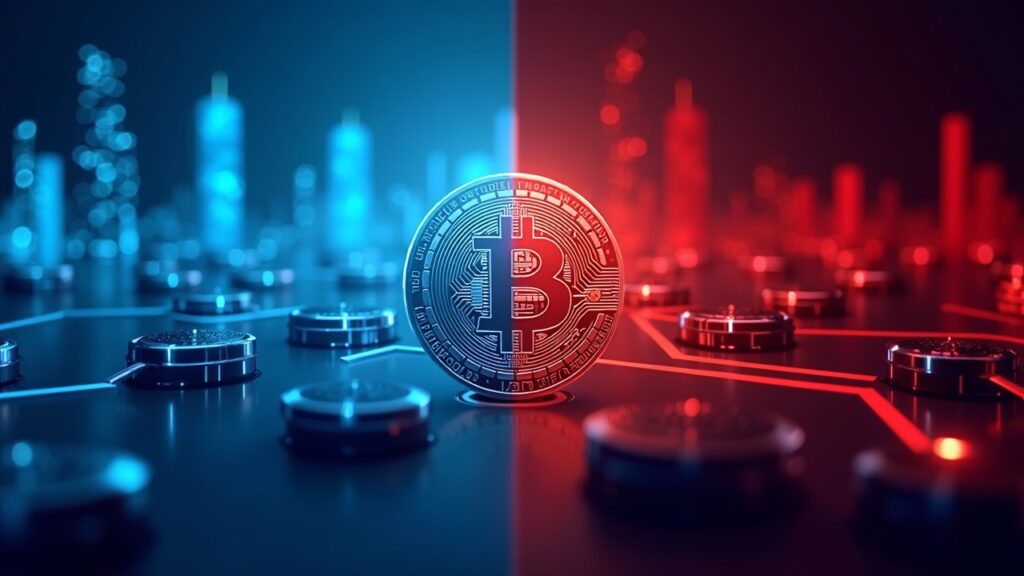 Pantalla dividida: a la izquierda presenta torres de blockchain azules y un ejecutivo financiero; a la derecha muestra líneas rojas de caída del mercado y liquidaciones; en el centro logo de moneda cripto.