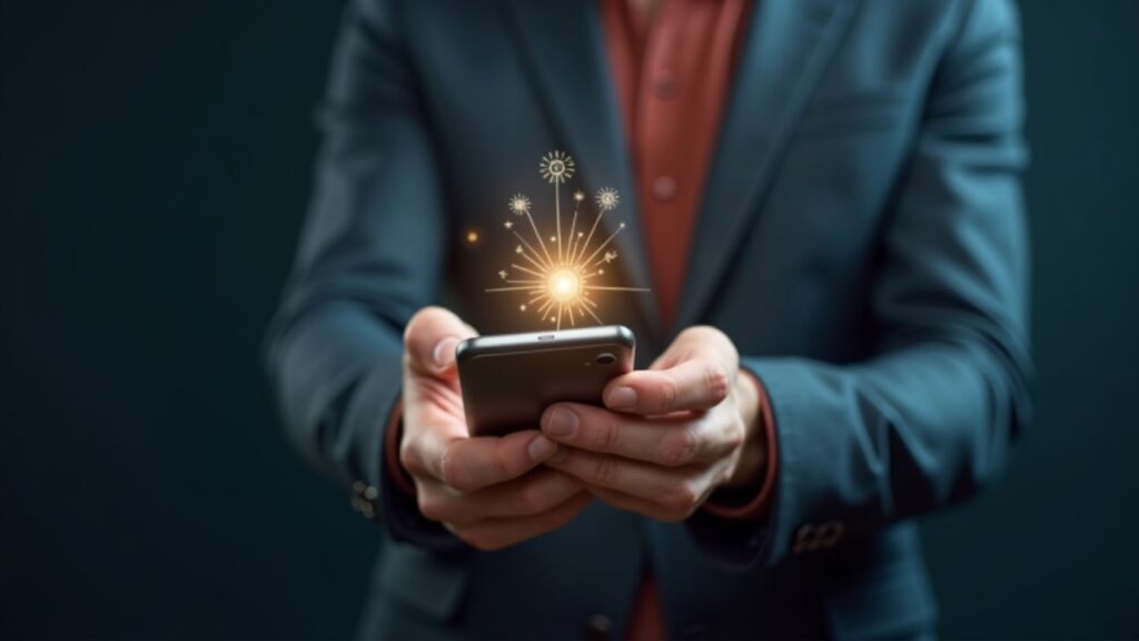 Superfortune Lanza App Móvil con IA Apuntando a Mercado de 392.000 Millones Persona fotorrealista sosteniendo un teléfono inteligente con glifos metafísicos brillantes de IA en la pantalla