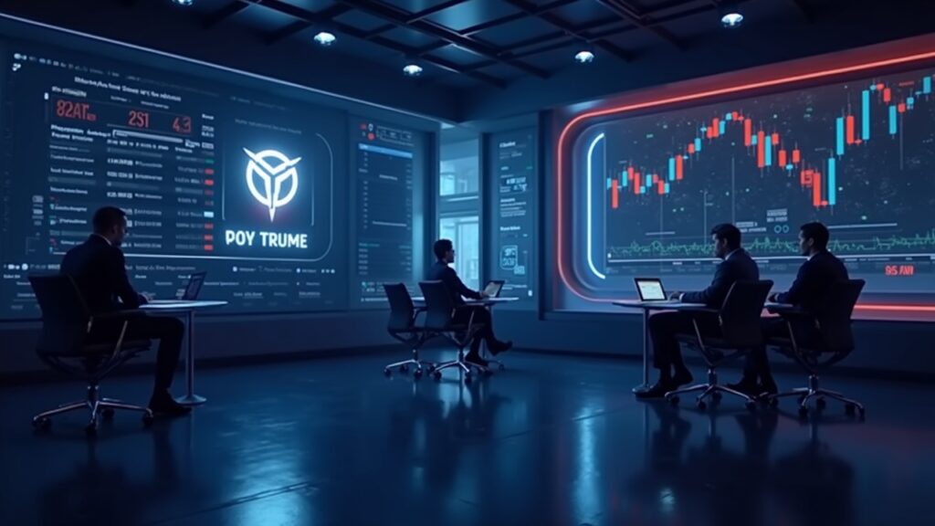 Sala de redacción futurista con hologramas de TON, una gráfica criptográfica en alza y una mascota 'meme' mientras los analistas discuten una recaudación de TON y AI de tamaño 'meme'.