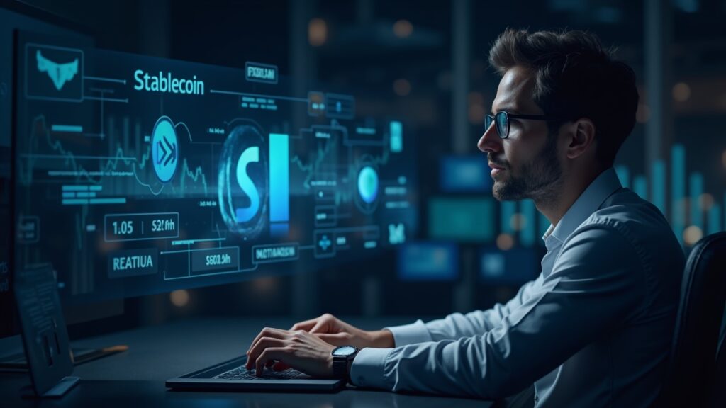 Comerciante fotorrealista en un escritorio elegante con logotipos holográficos de stablecoins, carriles de tokenización y cotizaciones bursátiles.