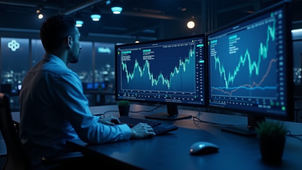 Escena de sala de redacción fotorrealista con un analista central comparando el pico de Bitcoin ajustado por inflación con el máximo nominal en dos pantallas, iluminación azul.