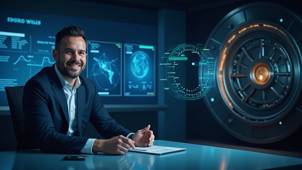 Asesor financiero confiado en un escritorio moderno con paneles holográficos de criptomonedas y un fondo con una bóveda segura.