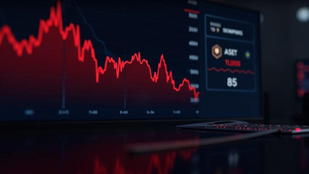 Escritorio de trading cripto fotorrealista con la caída del precio de Aptos en rojo en la pantalla y un calendario de desbloqueo de tokens.