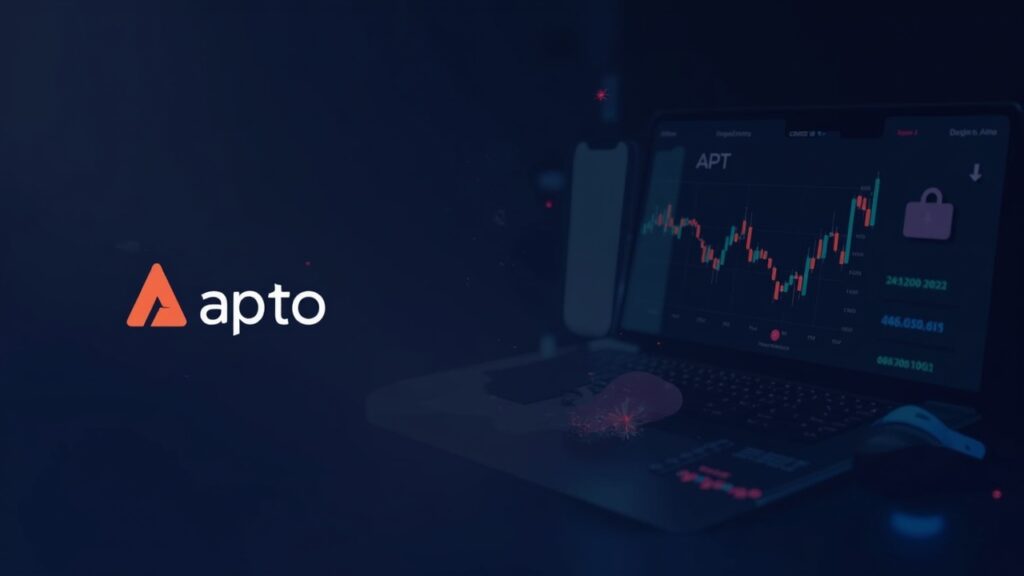 Cabecera fotorrealista con el logo de Aptos APT en una terminal de trading, flechas rojas hacia abajo, calendario de desbloqueos y gráficos macro.