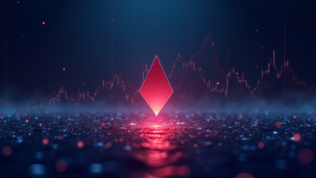 Encabezado cripto fotorrealista con un gráfico de precios rojo centrado, siluetas de ballenas y una vibra de sala de redacción neón.