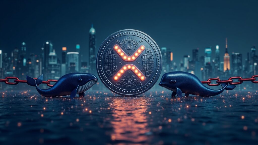 Ballenas de XRP redistribuyen posiciones en medio de interés por ETFs Moneda XRP fotorrealista centrada con siluetas opuestas de ballenas brillantes y un horizonte regulatorio.