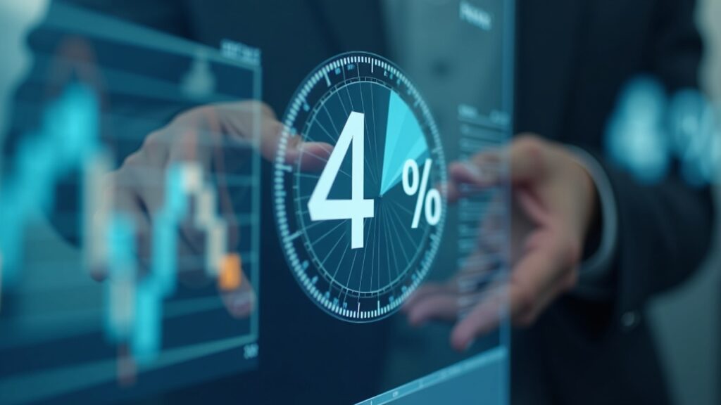 Profesional financiero fotorrealista examina un panel con una porción de criptomonedas destacada del 4% en una sala de redacción moderna.