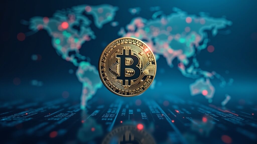 Bitcoin sostiene los 87.000 dólares mientras la pausa en Wall Street afecta mercados Encabezado fotorrealista: moneda de Bitcoin sobre un mapa mundial tenue, con cotizaciones de Asia desvaneciéndose y un horizonte de Wall Street amortiguado en azul.