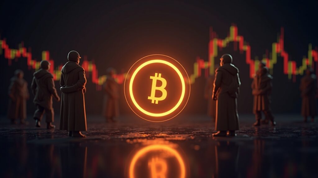 Emblema fotorrealista de Bitcoin con un gráfico de precios brillante, cruce de la muerte, caída por debajo de 87k y siluetas de compradores institucionales en una sala de prensa cripto.