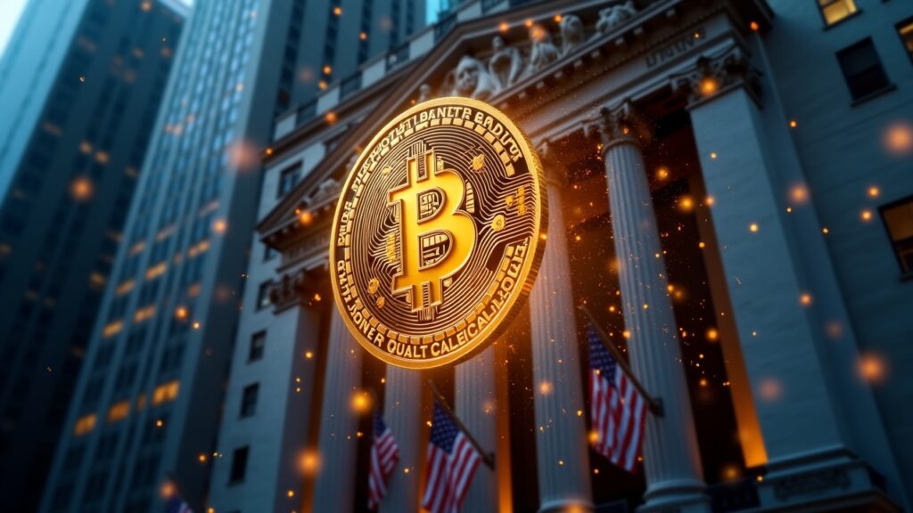 Binance inicia la conversión del fondo SAFU a Bitcoin con una primera asignación de $100 millones Moneda Bitcoin fotorrealista con una superposición transparente de libro mayor en cadena que fluye hacia la fachada de la NYSE.