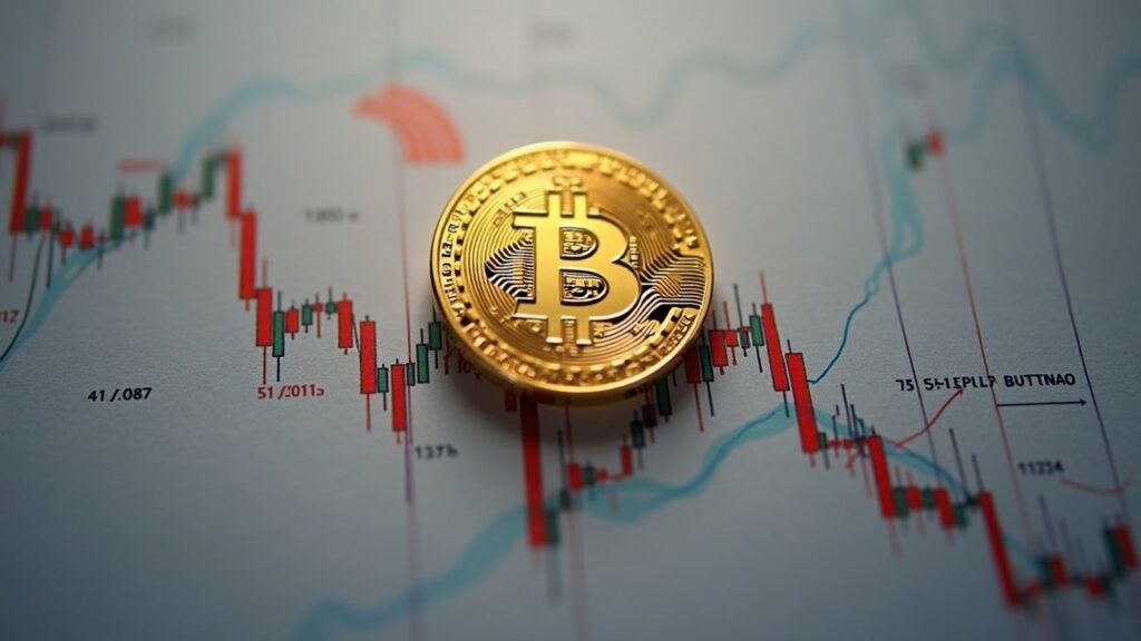 Patrón de bandera bajista de Bitcoin proyecta caída hacia los 67.000 dólares Moneda Bitcoin realista centrada sobre un gráfico de bandera bajista con pendiente descendente, con flechas de entrada/salida y un fondo al estilo noticiero.