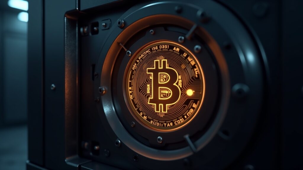 Bitcoin fotorrealista en una elegante bóveda digital con un indicador de buffer resplandeciente de 1.44B y datos de mercado en vivo.